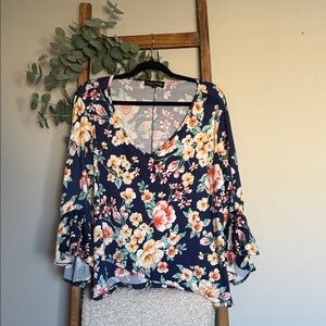 Floral V-Neck Bell Sleeve Top - Navy